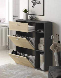 Meuble Chaussures Chêne/Gris Anthracite -Promos Déco Vestiaire Boutique 55b61902bbfd492397425548e5858073