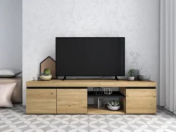 Meuble TV NATURALE Chêne/Noir 140x40x41 -Promos Déco Vestiaire Boutique 5820e48bc5344c58a6ad980c529bd996